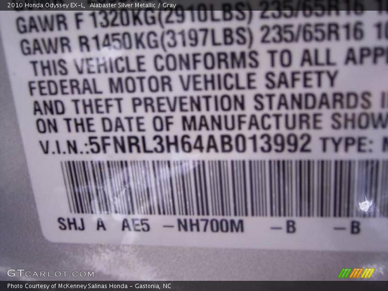 Alabaster Silver Metallic / Gray 2010 Honda Odyssey EX-L