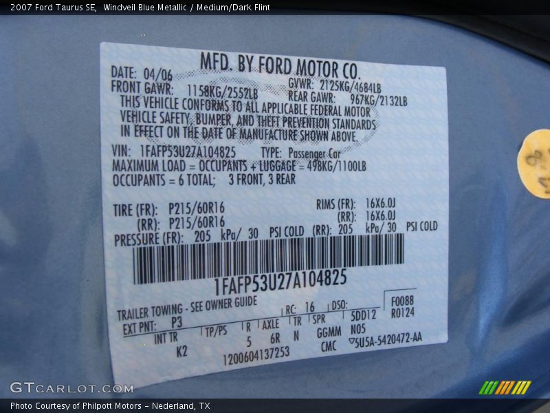 Windveil Blue Metallic / Medium/Dark Flint 2007 Ford Taurus SE