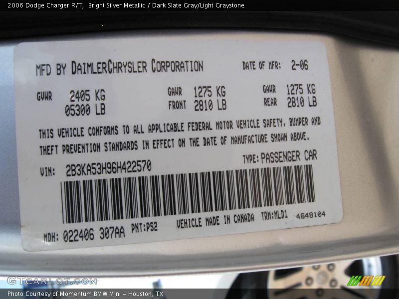 Bright Silver Metallic / Dark Slate Gray/Light Graystone 2006 Dodge Charger R/T
