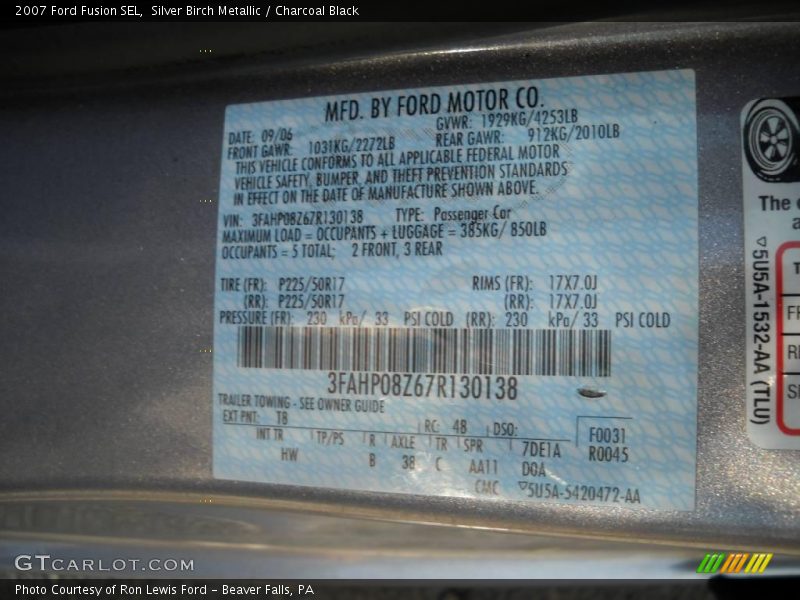 Silver Birch Metallic / Charcoal Black 2007 Ford Fusion SEL