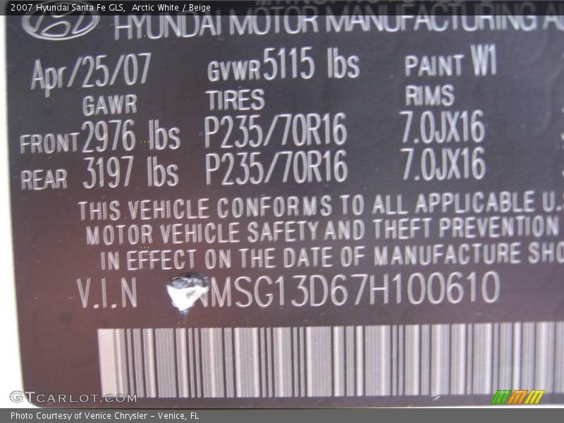 Arctic White / Beige 2007 Hyundai Santa Fe GLS