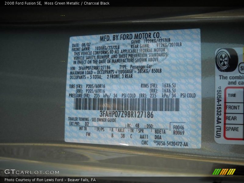 Moss Green Metallic / Charcoal Black 2008 Ford Fusion SE