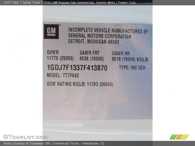 Summit White / Pewter Gray 2007 GMC T Series Truck T7500 LWB Regular Cab Commercial