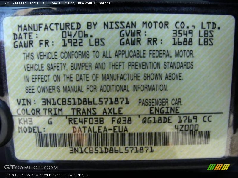 Blackout / Charcoal 2006 Nissan Sentra 1.8 S Special Edition