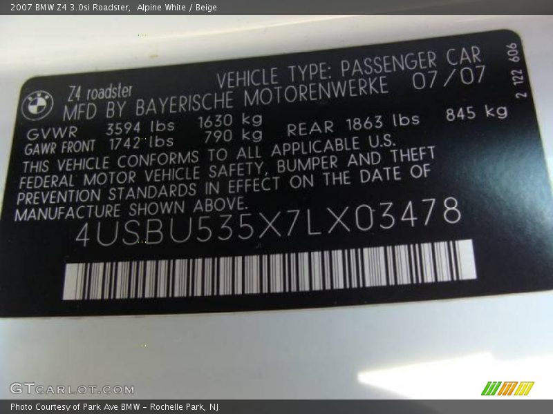 Alpine White / Beige 2007 BMW Z4 3.0si Roadster
