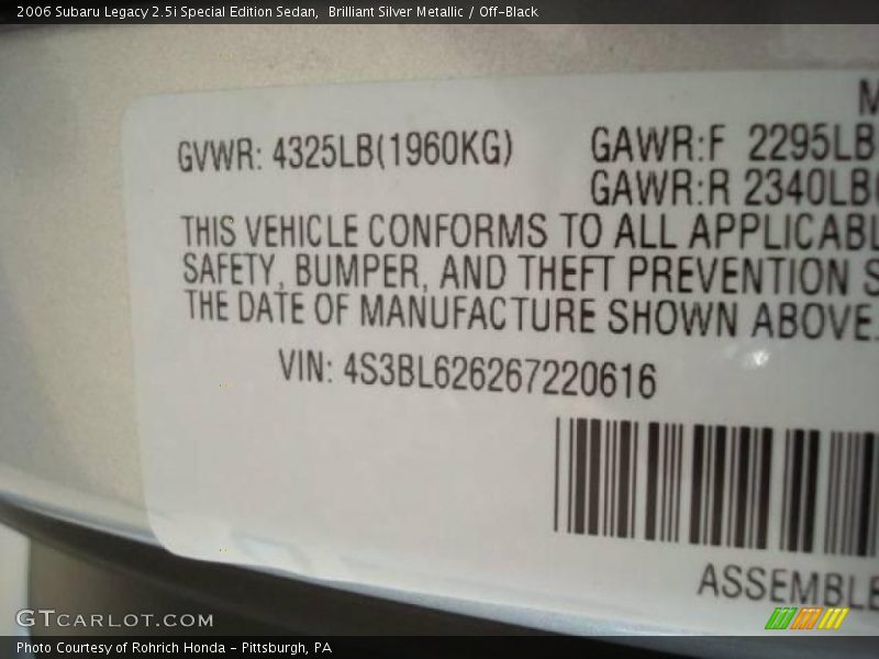 Brilliant Silver Metallic / Off-Black 2006 Subaru Legacy 2.5i Special Edition Sedan