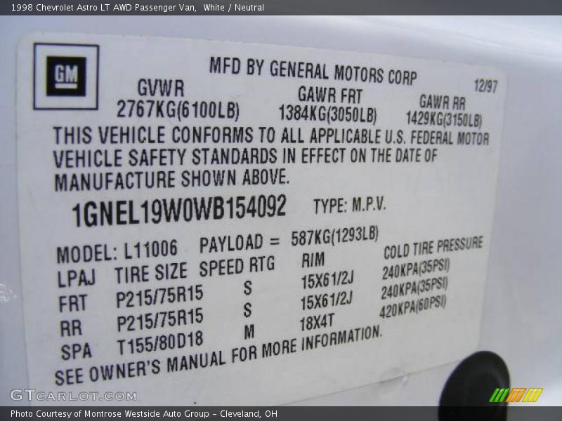 White / Neutral 1998 Chevrolet Astro LT AWD Passenger Van