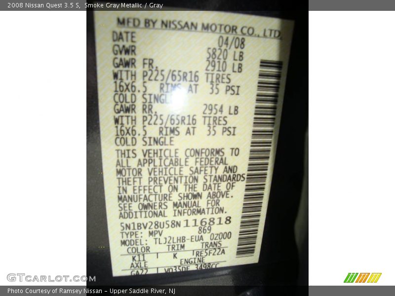 Smoke Gray Metallic / Gray 2008 Nissan Quest 3.5 S