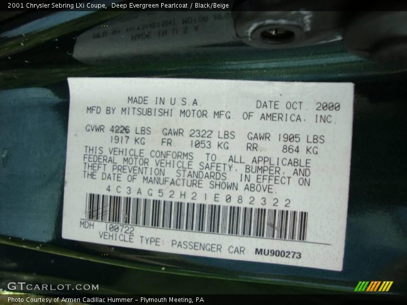 Deep Evergreen Pearlcoat / Black/Beige 2001 Chrysler Sebring LXi Coupe
