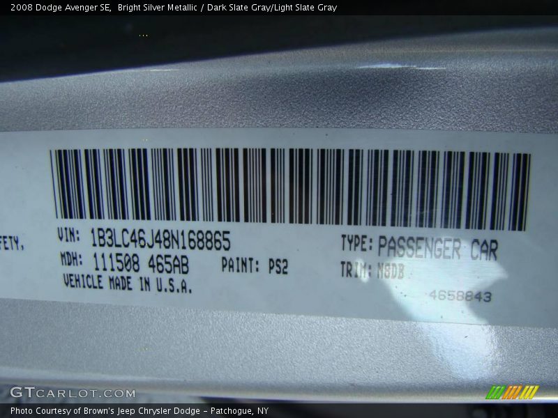 Bright Silver Metallic / Dark Slate Gray/Light Slate Gray 2008 Dodge Avenger SE