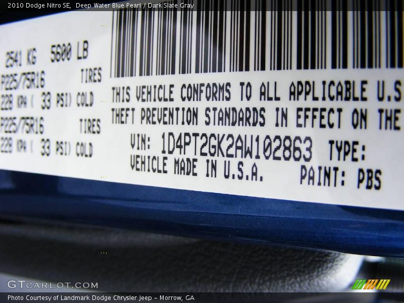 Deep Water Blue Pearl / Dark Slate Gray 2010 Dodge Nitro SE