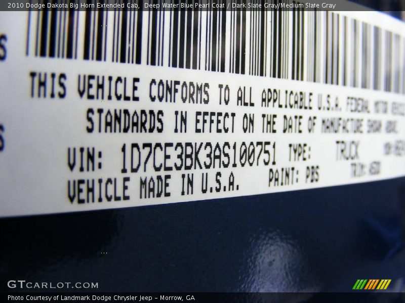 2010 Dakota Big Horn Extended Cab Deep Water Blue Pearl Coat Color Code PBS