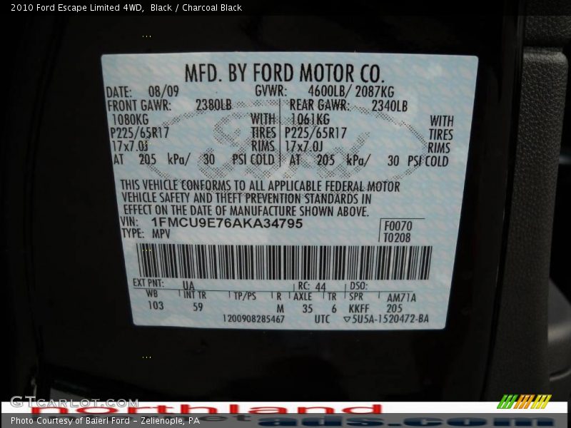 Black / Charcoal Black 2010 Ford Escape Limited 4WD