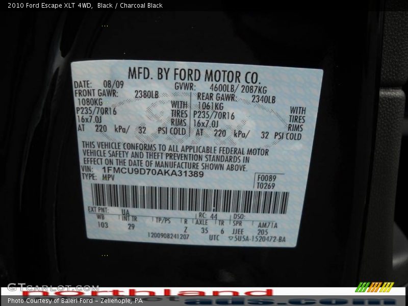 Black / Charcoal Black 2010 Ford Escape XLT 4WD