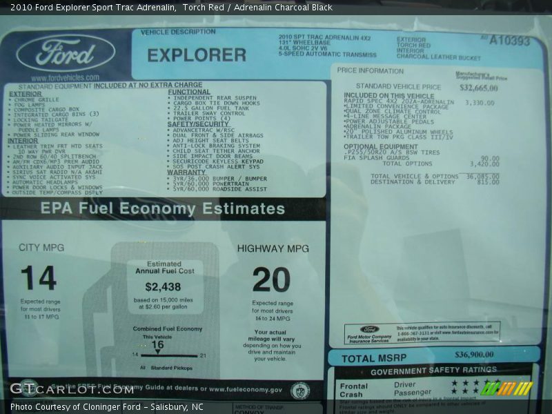 Torch Red / Adrenalin Charcoal Black 2010 Ford Explorer Sport Trac Adrenalin