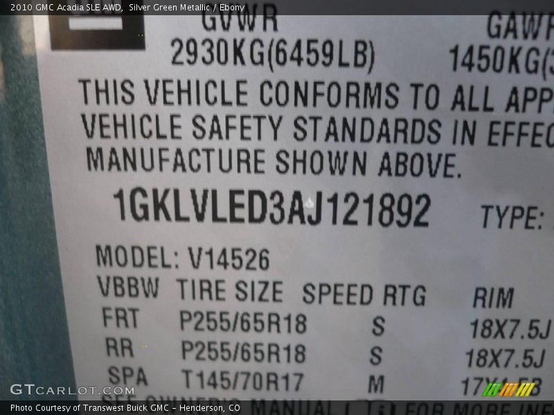 Silver Green Metallic / Ebony 2010 GMC Acadia SLE AWD