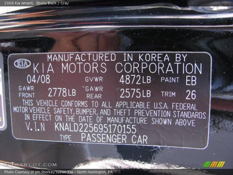 Ebony Black / Gray 2009 Kia Amanti
