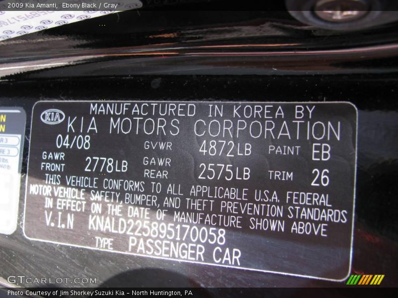 Ebony Black / Gray 2009 Kia Amanti