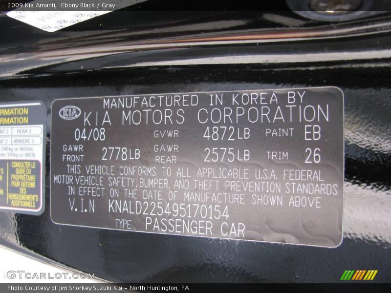 Ebony Black / Gray 2009 Kia Amanti