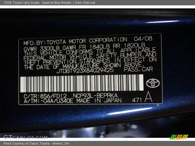 Nautical Blue Metallic / Dark Charcoal 2008 Toyota Yaris Sedan