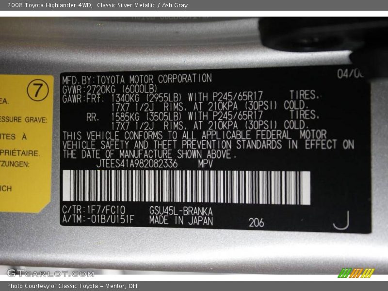Classic Silver Metallic / Ash Gray 2008 Toyota Highlander 4WD