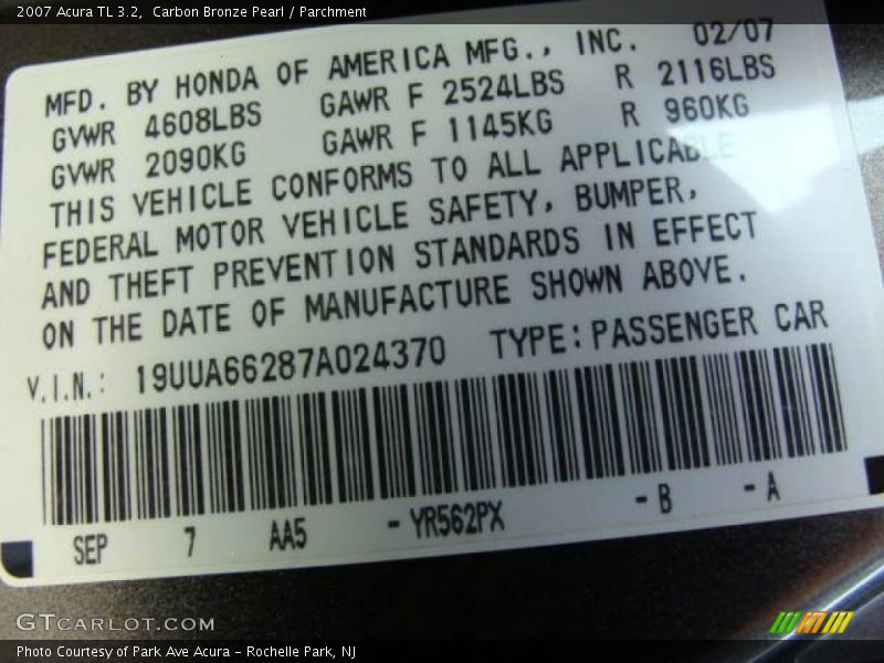 Carbon Bronze Pearl / Parchment 2007 Acura TL 3.2