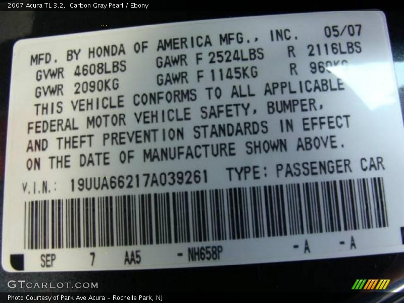 Carbon Gray Pearl / Ebony 2007 Acura TL 3.2