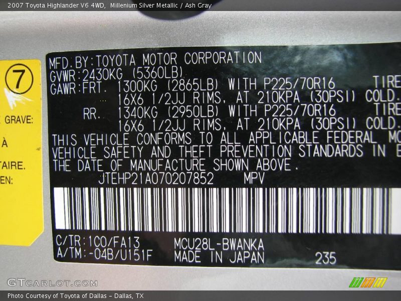Millenium Silver Metallic / Ash Gray 2007 Toyota Highlander V6 4WD
