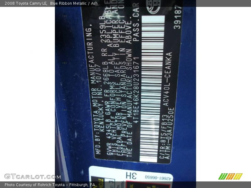 Blue Ribbon Metallic / Ash 2008 Toyota Camry LE