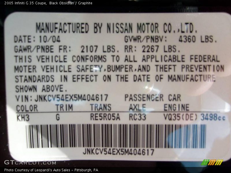 Black Obsidian / Graphite 2005 Infiniti G 35 Coupe