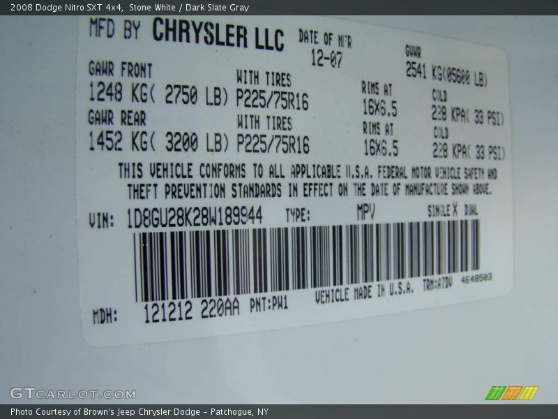 Stone White / Dark Slate Gray 2008 Dodge Nitro SXT 4x4