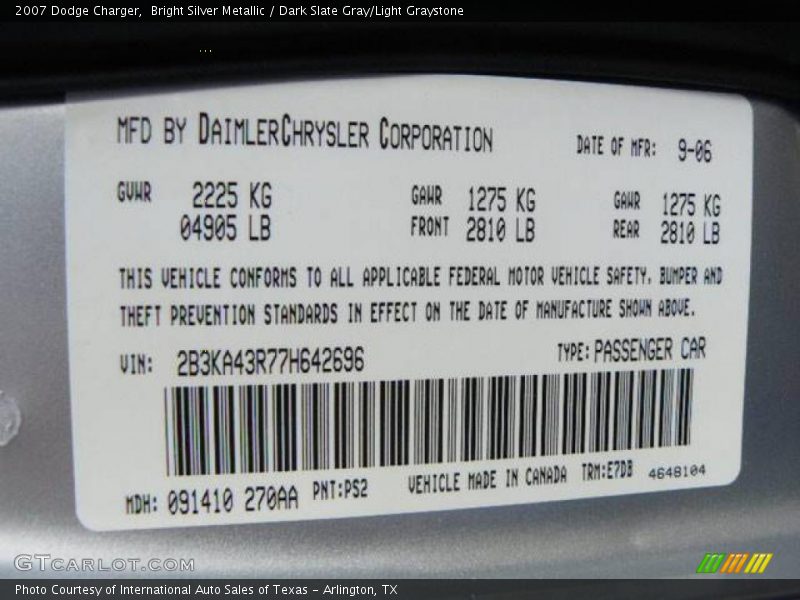 Bright Silver Metallic / Dark Slate Gray/Light Graystone 2007 Dodge Charger