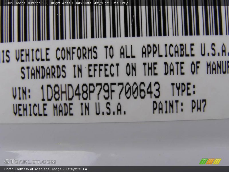 Bright White / Dark Slate Gray/Light Slate Gray 2009 Dodge Durango SLT