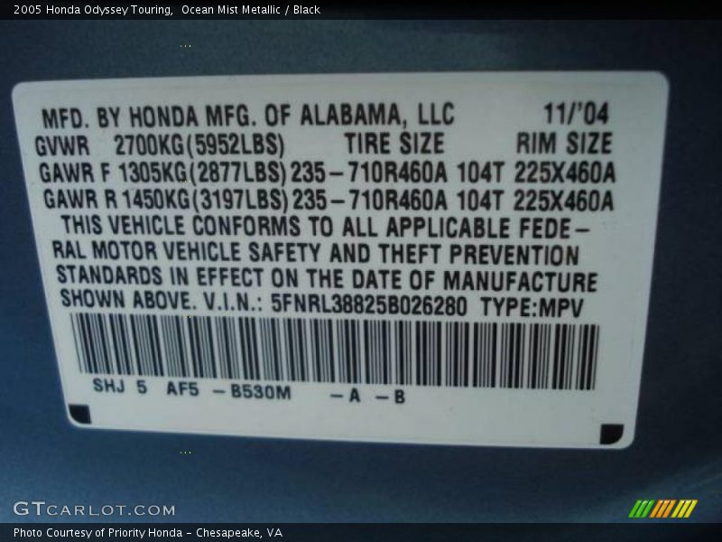 Ocean Mist Metallic / Black 2005 Honda Odyssey Touring