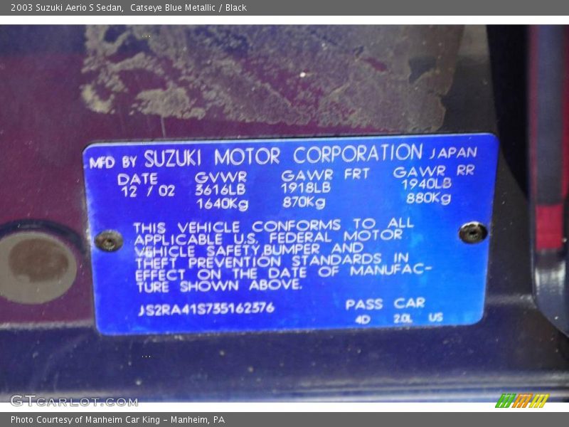 Catseye Blue Metallic / Black 2003 Suzuki Aerio S Sedan