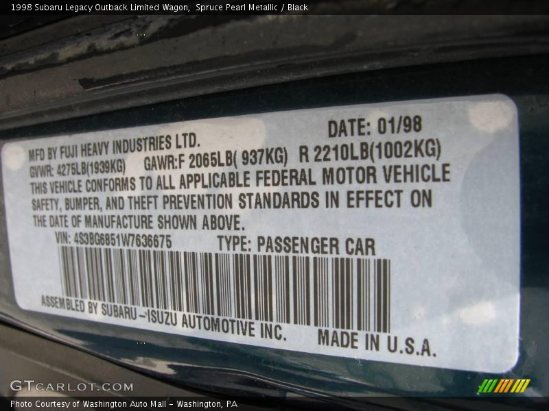 Spruce Pearl Metallic / Black 1998 Subaru Legacy Outback Limited Wagon