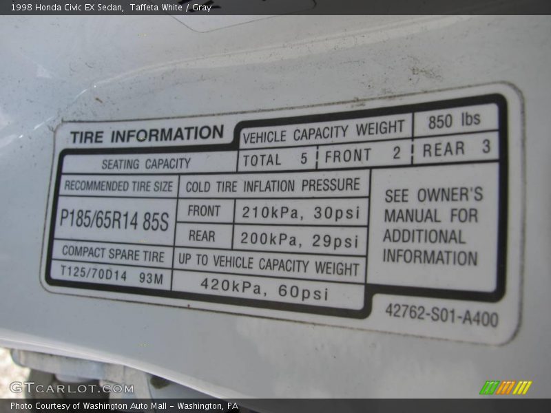 Taffeta White / Gray 1998 Honda Civic EX Sedan