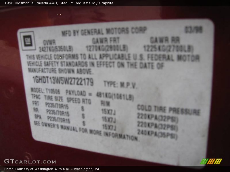 Medium Red Metallic / Graphite 1998 Oldsmobile Bravada AWD