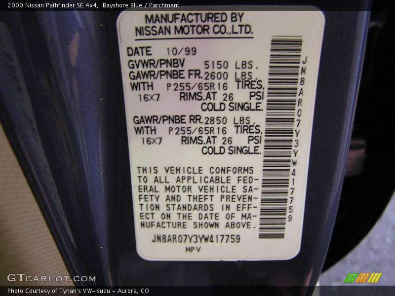Bayshore Blue / Parchment 2000 Nissan Pathfinder SE 4x4