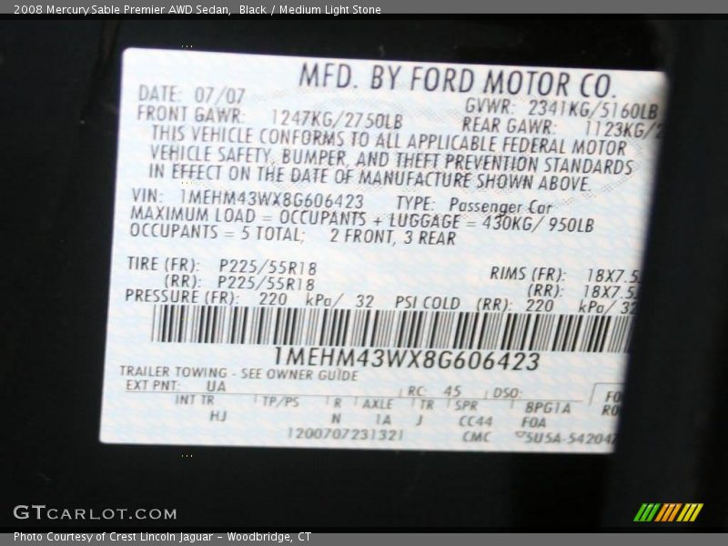 Black / Medium Light Stone 2008 Mercury Sable Premier AWD Sedan