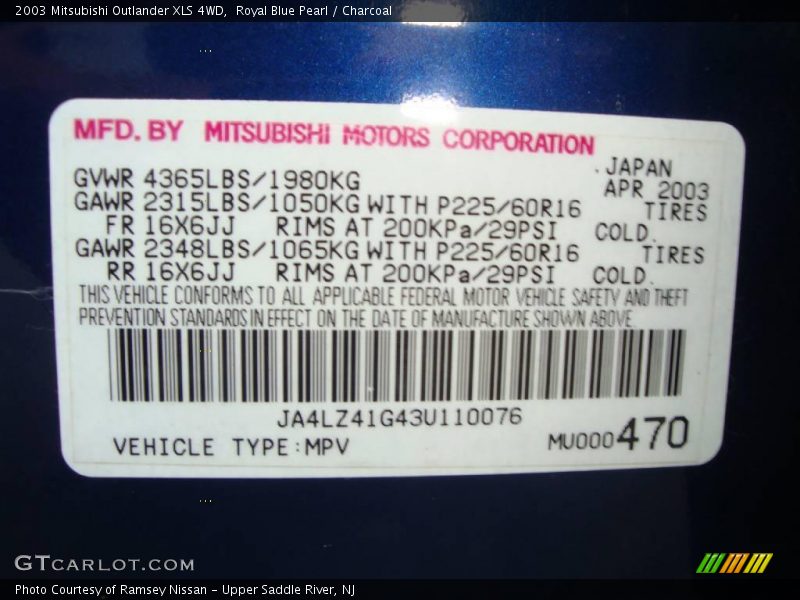 Royal Blue Pearl / Charcoal 2003 Mitsubishi Outlander XLS 4WD
