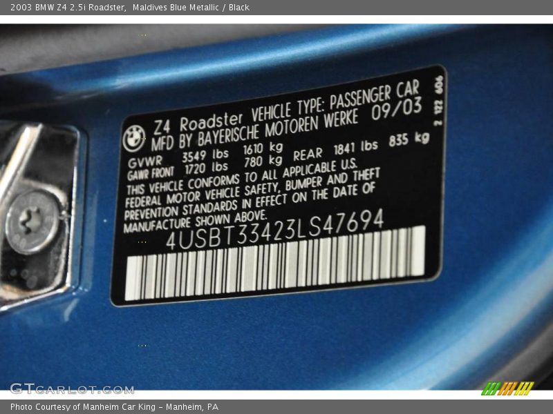Maldives Blue Metallic / Black 2003 BMW Z4 2.5i Roadster