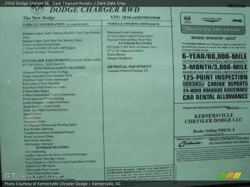 Dark Titanium Metallic / Dark Slate Gray 2009 Dodge Charger SE