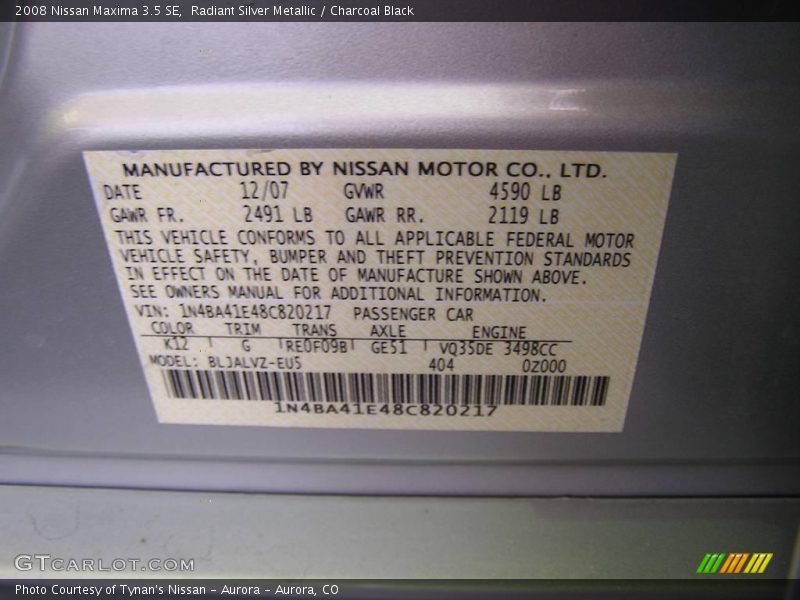 Radiant Silver Metallic / Charcoal Black 2008 Nissan Maxima 3.5 SE