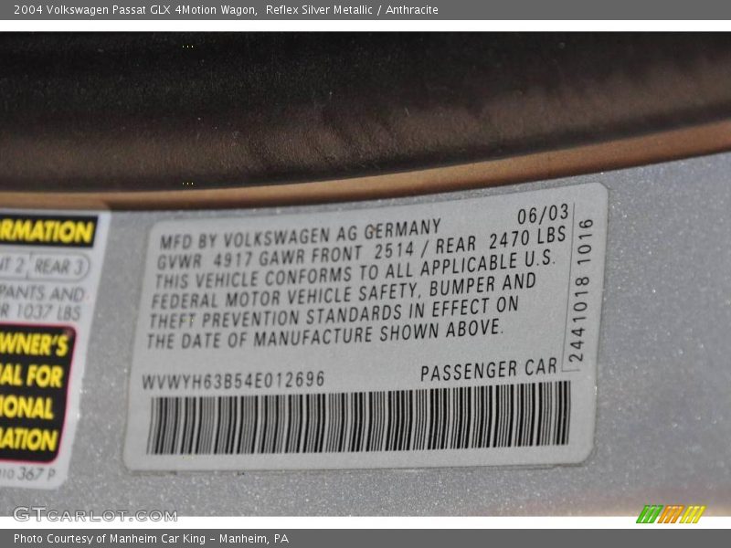 Reflex Silver Metallic / Anthracite 2004 Volkswagen Passat GLX 4Motion Wagon