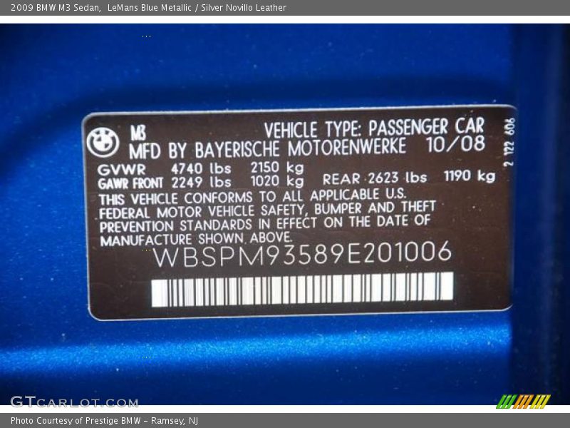 LeMans Blue Metallic / Silver Novillo Leather 2009 BMW M3 Sedan