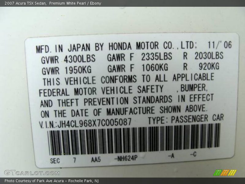 Premium White Pearl / Ebony 2007 Acura TSX Sedan