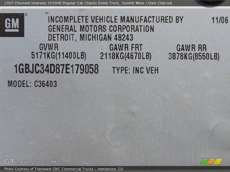 Summit White / Dark Charcoal 2007 Chevrolet Silverado 3500HD Regular Cab Chassis Dump Truck