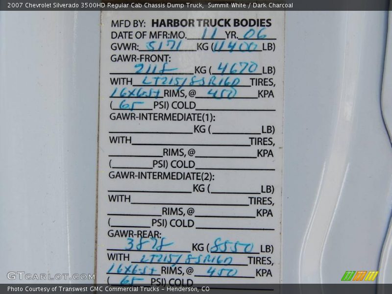 Summit White / Dark Charcoal 2007 Chevrolet Silverado 3500HD Regular Cab Chassis Dump Truck