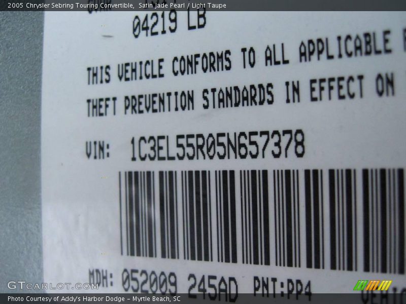 Satin Jade Pearl / Light Taupe 2005 Chrysler Sebring Touring Convertible